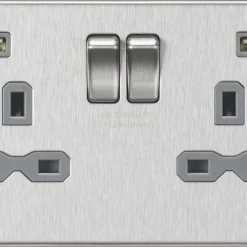 Knightsbridge SFR9904NBCG 13A 2-Gang SP Switched Socket + 2.4A 2-Outlet Type A USB Charger Brushed Chrome With Colour-Matched Inserts