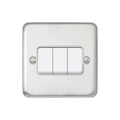 MK Contoura 10A 3-Gang 2-Way Switch Brushed Stainless Steel With White Inserts -British General Shop 358RG A1