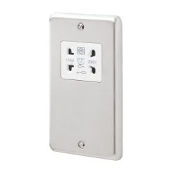 MK Contoura 2-Gang Dual Voltage Shaver Socket 115/230V Brushed Stainless Steel With White Inserts