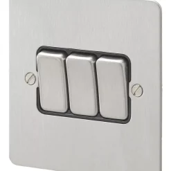 MK Edge 10AX 3-Gang 2-Way Light Switch Brushed Stainless Steel With Black Inserts