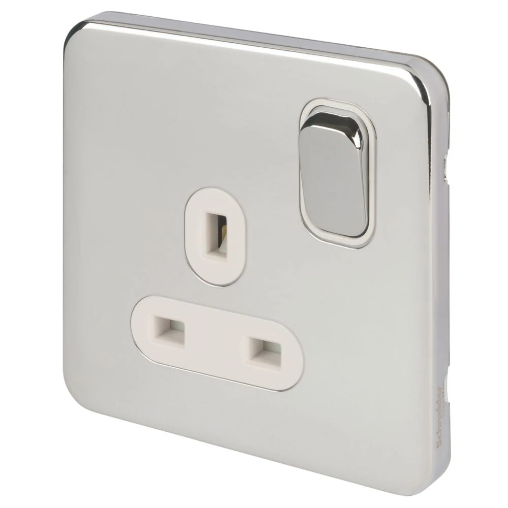 Schneider Electric Lisse Deco 13A 1-Gang DP Switched Plug Socket Polished Chrome With White Inserts 3 Schneider Electric Lisse Deco 13A 1-Gang DP Switched Plug Socket Polished Chrome With White Inserts