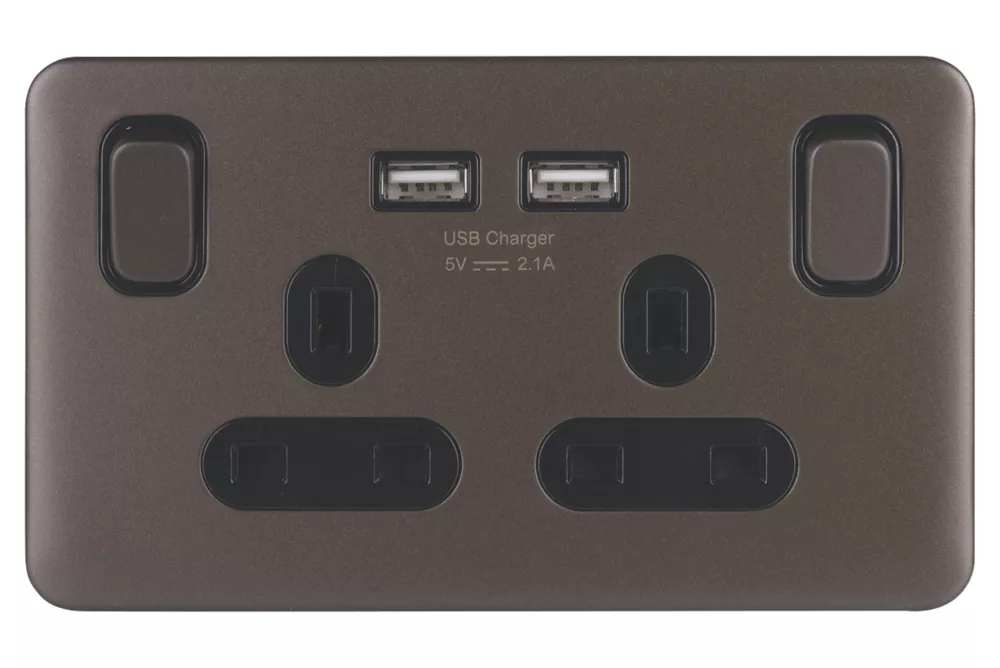 Schneider Electric Lisse Deco 13A 2-Gang SP Switched Socket + 2.1A 2-Outlet Type A USB Charger Mocha Bronze With Black Inserts 4 Schneider Electric Lisse Deco 13A 2-Gang SP Switched Socket + 2.1A 2-Outlet Type A USB Charger Mocha Bronze With Black Inserts - Image 2