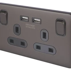 Schneider Electric Lisse Deco 13A 2-Gang SP Switched Socket + 2.1A 2-Outlet Type A USB Charger Mocha Bronze With Black Inserts