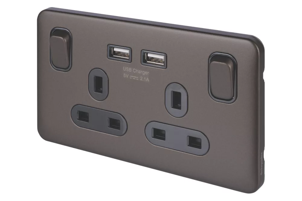 Schneider Electric Lisse Deco 13A 2-Gang SP Switched Socket + 2.1A 2-Outlet Type A USB Charger Mocha Bronze With Black Inserts 3 Schneider Electric Lisse Deco 13A 2-Gang SP Switched Socket + 2.1A 2-Outlet Type A USB Charger Mocha Bronze With Black Inserts