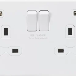 Knightsbridge SFR9904NMW 13A 2-Gang SP Switched Socket + 2.4A 2-Outlet Type A USB Charger Matt White With White Inserts