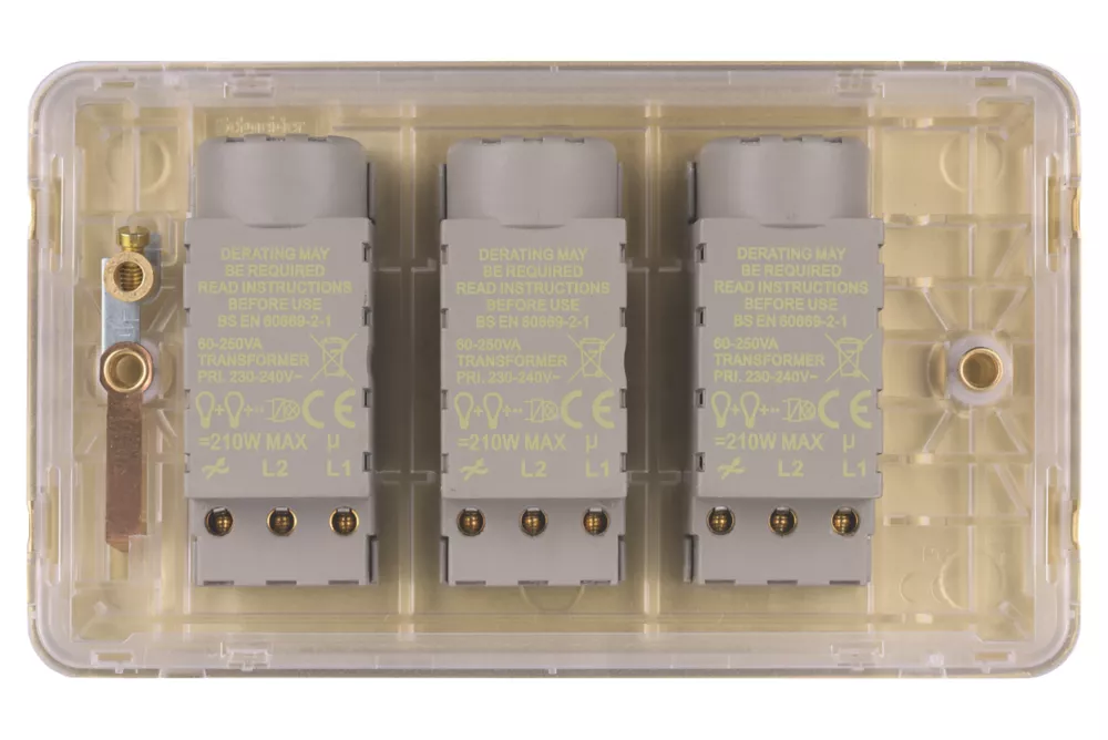 Schneider Electric Lisse Deco 3-Gang 2-Way Dimmer Switch Satin Brass 6 Schneider Electric Lisse Deco 3-Gang 2-Way Dimmer Switch Satin Brass - Image 4