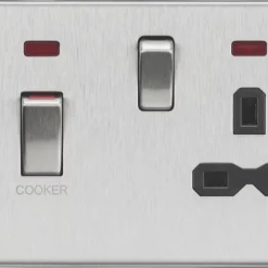 Knightsbridge SFR83MNBC 45 & 13A 2-Gang DP Cooker Switch & 13A DP Switched Socket Brushed Chrome With LED With Black Inserts