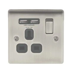 British General Nexus Metal 13A 1-Gang SP Switched Socket + 2.1A 2-Outlet Type A USB Charger Brushed Iridium With Black Inserts -British General Shop 3842F A1