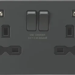 Knightsbridge SFR9224AT 13A 2-Gang SP Switched Socket + 2.4A 2-Outlet Type A USB Charger Anthracite With Black Inserts
