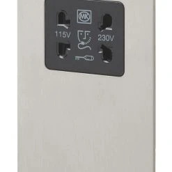 MK Edge 2-Gang Dual Voltage Shaver Socket 115 / 230V Brushed Stainless Steel With Black Inserts