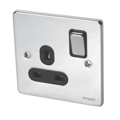 Schneider Electric Ultimate Low Profile 13A 1-Gang SP Switched Plug Socket Polished Chrome With Black Inserts
