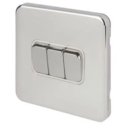 Schneider Electric Lisse Deco 10AX 3-Gang 2-Way Light Switch Polished Chrome With White Inserts