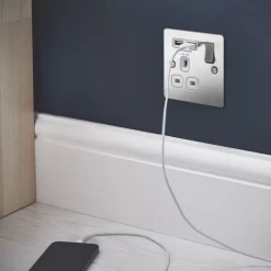 LAP 13A 1-Gang SP Switched Socket + 2.1A 2-Outlet Type A USB Charger Brushed Stainless Steel With White Inserts -British General Shop 4101F A3