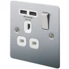 LAP 13A 1-Gang SP Switched Socket + 2.1A 2-Outlet Type A USB Charger Brushed Stainless Steel With White Inserts -British General Shop 4101F P
