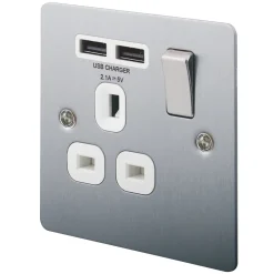 LAP 13A 1-Gang SP Switched Socket + 2.1A 2-Outlet Type A USB Charger Brushed Stainless Steel With White Inserts