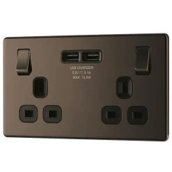 LAP 13A 2-Gang DP Switched Socket + 3.1A 2-Outlet Type A USB Charger Black Nickel With Black Inserts
