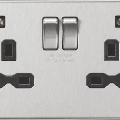 Knightsbridge FPR9904NBC 13A 2-Gang SP Switched Socket + 2.4A 2-Outlet Type A USB Charger Brushed Chrome With Black Inserts