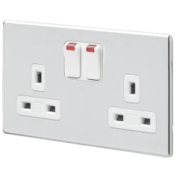 MK Aspect 13A 2-Gang DP Switched Plug Socket Polished Chrome With Neon With White Inserts
