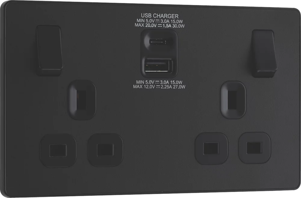 British General Evolve 13A 2-Gang SP Switched Socket + 3A 2-Outlet Type A & C USB Charger Matt Black With Black Inserts 4 British General Evolve 13A 2-Gang SP Switched Socket + 3A 2-Outlet Type A & C USB Charger Matt Black With Black Inserts - Image 2