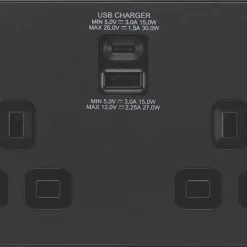 British General Evolve 13A 2-Gang SP Switched Socket + 3A 2-Outlet Type A & C USB Charger Matt Black With Black Inserts 11 British General Evolve 13A 2-Gang SP Switched Socket + 3A 2-Outlet Type A & C USB Charger Matt Black With Black Inserts -British General Shop 417RF A2