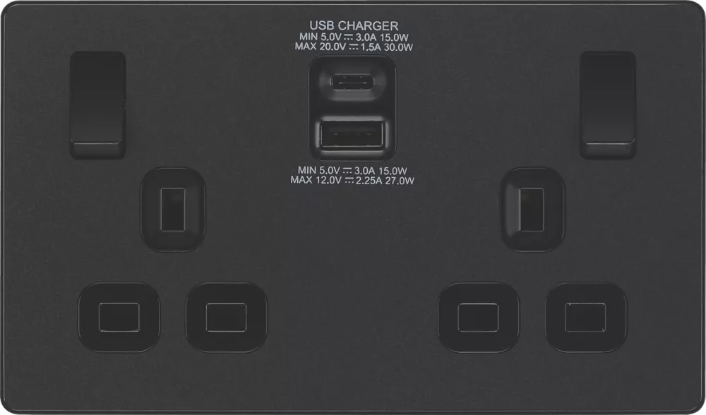 British General Evolve 13A 2-Gang SP Switched Socket + 3A 2-Outlet Type A & C USB Charger Matt Black With Black Inserts 5 British General Evolve 13A 2-Gang SP Switched Socket + 3A 2-Outlet Type A & C USB Charger Matt Black With Black Inserts - Image 3