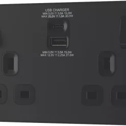British General Evolve 13A 2-Gang SP Switched Socket + 3A 2-Outlet Type A & C USB Charger Matt Black With Black Inserts 12 British General Evolve 13A 2-Gang SP Switched Socket + 3A 2-Outlet Type A & C USB Charger Matt Black With Black Inserts -British General Shop 417RF A3