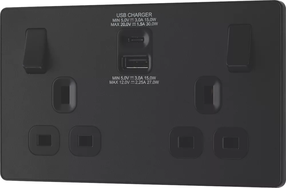 British General Evolve 13A 2-Gang SP Switched Socket + 3A 2-Outlet Type A & C USB Charger Matt Black With Black Inserts 6 British General Evolve 13A 2-Gang SP Switched Socket + 3A 2-Outlet Type A & C USB Charger Matt Black With Black Inserts - Image 4