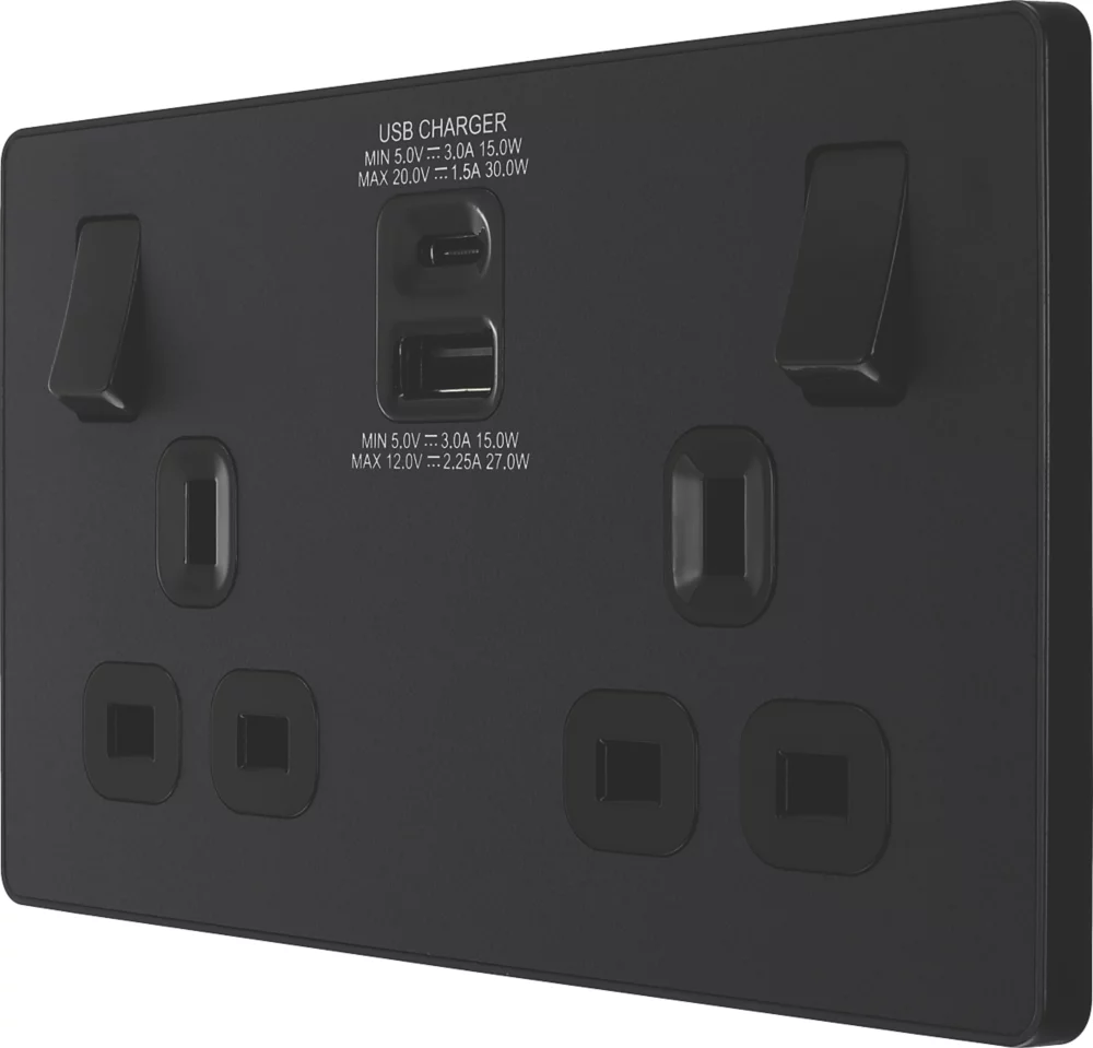 British General Evolve 13A 2-Gang SP Switched Socket + 3A 2-Outlet Type A & C USB Charger Matt Black With Black Inserts 3 British General Evolve 13A 2-Gang SP Switched Socket + 3A 2-Outlet Type A & C USB Charger Matt Black With Black Inserts