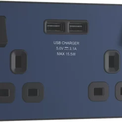 British General Evolve 13A 2-Gang SP Switched Socket + 3.1A 2-Outlet Type A USB Charger Blue With Black Inserts -British General Shop 418RF A1