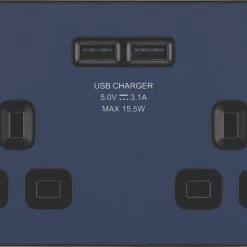 British General Evolve 13A 2-Gang SP Switched Socket + 3.1A 2-Outlet Type A USB Charger Blue With Black Inserts -British General Shop 418RF A2
