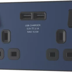 British General Evolve 13A 2-Gang SP Switched Socket + 3.1A 2-Outlet Type A USB Charger Blue With Black Inserts -British General Shop 418RF A3