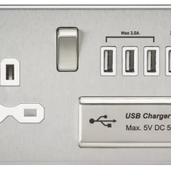 Knightsbridge FPR7USB4BCW 13A 1-Gang SP Switched Socket + 5.1A 4-Outlet Type A USB Charger Brushed Chrome With White Inserts