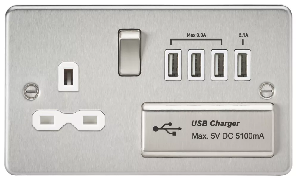 Knightsbridge FPR7USB4BCW 13A 1-Gang SP Switched Socket + 5.1A 4-Outlet Type A USB Charger Brushed Chrome With White Inserts 3 Knightsbridge FPR7USB4BCW 13A 1-Gang SP Switched Socket + 5.1A 4-Outlet Type A USB Charger Brushed Chrome With White Inserts