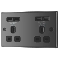 British General Shop 35 LAP 13A 2-Gang Unswitched Socket + 4.2A 4-Outlet Type A USB Charger Black Nickel With Black Inserts