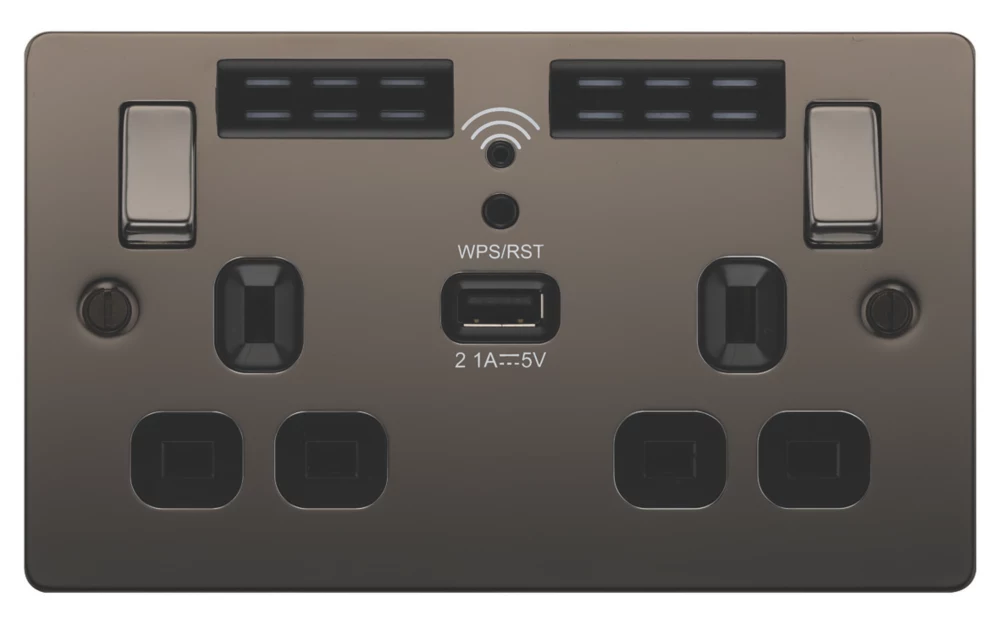 LAP 13A 2-Gang SP Switched Wi-Fi Extender Socket + 2.1A 1-Outlet Type A USB Charger Black Nickel With Black Inserts 4 LAP 13A 2-Gang SP Switched Wi-Fi Extender Socket + 2.1A 1-Outlet Type A USB Charger Black Nickel With Black Inserts - Image 2
