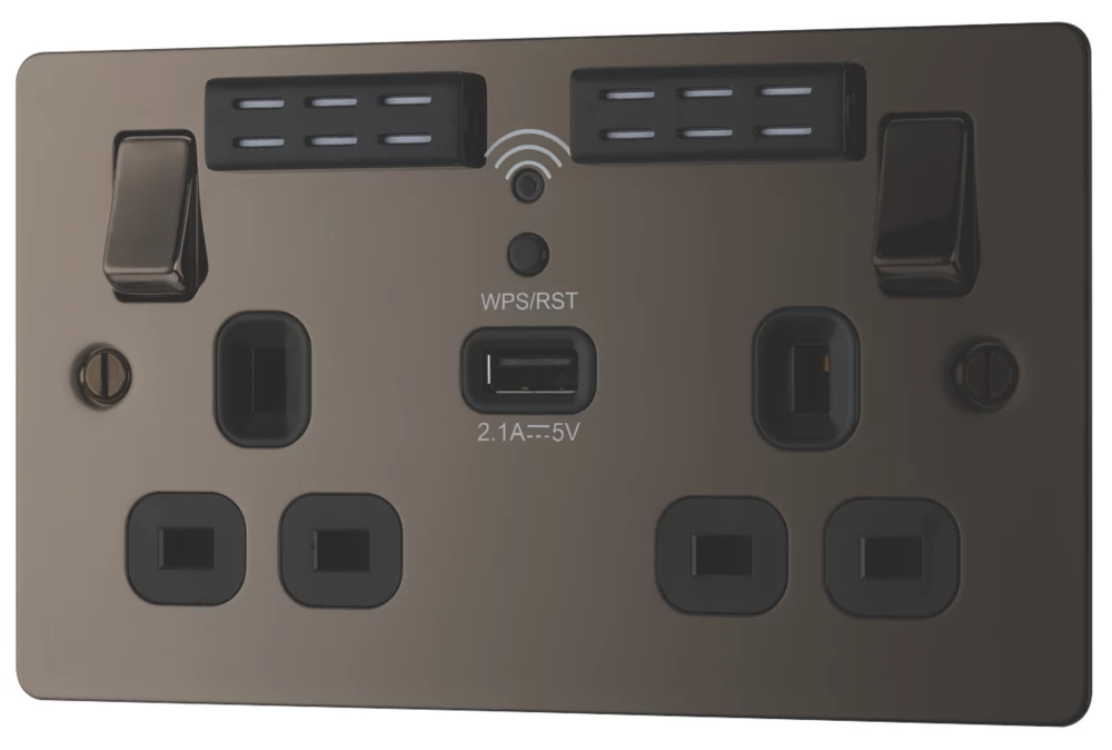 LAP 13A 2-Gang SP Switched Wi-Fi Extender Socket + 2.1A 1-Outlet Type A USB Charger Black Nickel With Black Inserts 3 LAP 13A 2-Gang SP Switched Wi-Fi Extender Socket + 2.1A 1-Outlet Type A USB Charger Black Nickel With Black Inserts