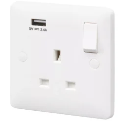 MK Base 13A 1-Gang DP Switched Socket + 2.4A 1-Outlet Type A USB Charger White With White Inserts
