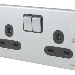 Schneider Electric Ultimate Low Profile 13A 2-Gang SP Switched Plug Socket Brushed Chrome With Black Inserts