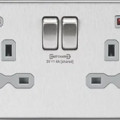 Knightsbridge SFR9909BCG 13A 2-Gang DP Switched Socket + 4.0A 2-Outlet Type A & C USB Charger Brushed Chrome With Colour-Matched Inserts