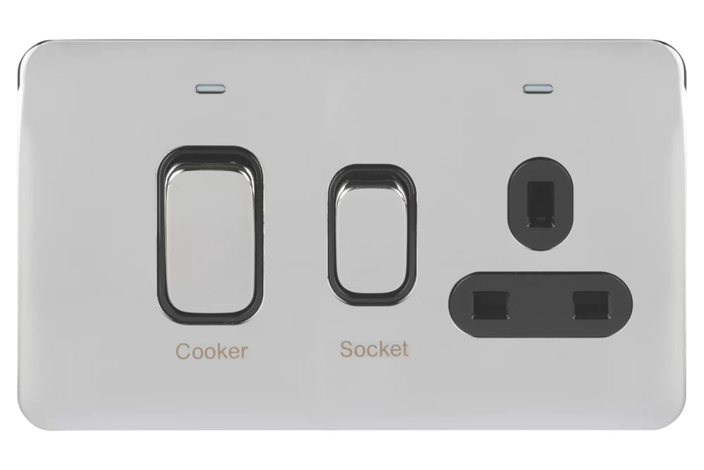 Schneider Electric Lisse Deco 45A 2-Gang DP Cooker Switch & 13A DP Switched Socket Polished Chrome With LED With Black Inserts 4 Schneider Electric Lisse Deco 45A 2-Gang DP Cooker Switch & 13A DP Switched Socket Polished Chrome With LED With Black Inserts - Image 2