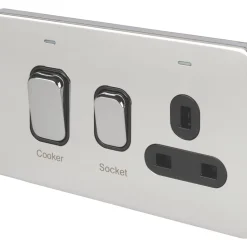 Schneider Electric Lisse Deco 45A 2-Gang DP Cooker Switch & 13A DP Switched Socket Polished Chrome With LED With Black Inserts