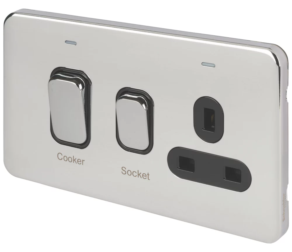 Schneider Electric Lisse Deco 45A 2-Gang DP Cooker Switch & 13A DP Switched Socket Polished Chrome With LED With Black Inserts 3 Schneider Electric Lisse Deco 45A 2-Gang DP Cooker Switch & 13A DP Switched Socket Polished Chrome With LED With Black Inserts