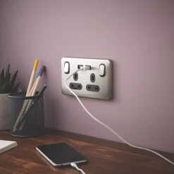 Schneider Electric Lisse Deco 13A 2-Gang SP Switched Socket + 2.1A 2-Outlet Type A USB Charger Brushed Stainless Steel With Black Inserts -British General Shop 440CC A4