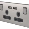 Schneider Electric Lisse Deco 13A 2-Gang SP Switched Socket + 2.1A 2-Outlet Type A USB Charger Brushed Stainless Steel With Black Inserts 2 Schneider Electric Lisse Deco 13A 2-Gang SP Switched Socket + 2.1A 2-Outlet Type A USB Charger Brushed Stainless Steel With Black Inserts -British General Shop 440CC P