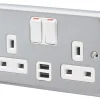 MK Albany Plus 13A 2-Gang DP Switched Socket + 2A 2-Outlet Type A USB Charger Brushed Chrome With White Inserts -British General Shop 460HX P