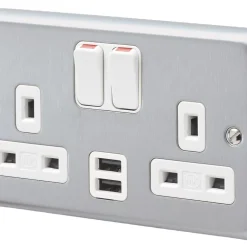 MK Albany Plus 13A 2-Gang DP Switched Socket + 2A 2-Outlet Type A USB Charger Brushed Chrome With White Inserts
