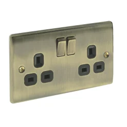 British General Nexus Metal 13A 2-Gang DP Switched Plug Socket Antique Brass With Black Inserts -British General Shop 46623 A2