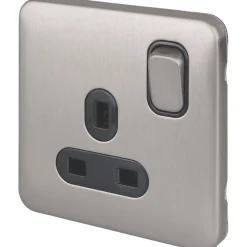 Schneider Electric Lisse Deco 13A 1-Gang SP Switched Plug Socket Brushed Stainless Steel With Black Inserts