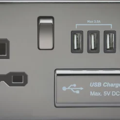 Knightsbridge SFR7USB4BN 13A 1-Gang SP Switched Socket + 5.1A 4-Outlet Type A USB Charger Black Nickel With Black Inserts