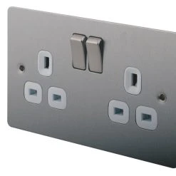 LAP 13A 2-Gang DP Switched Plug Socket Brushed Stainless Steel With White Inserts